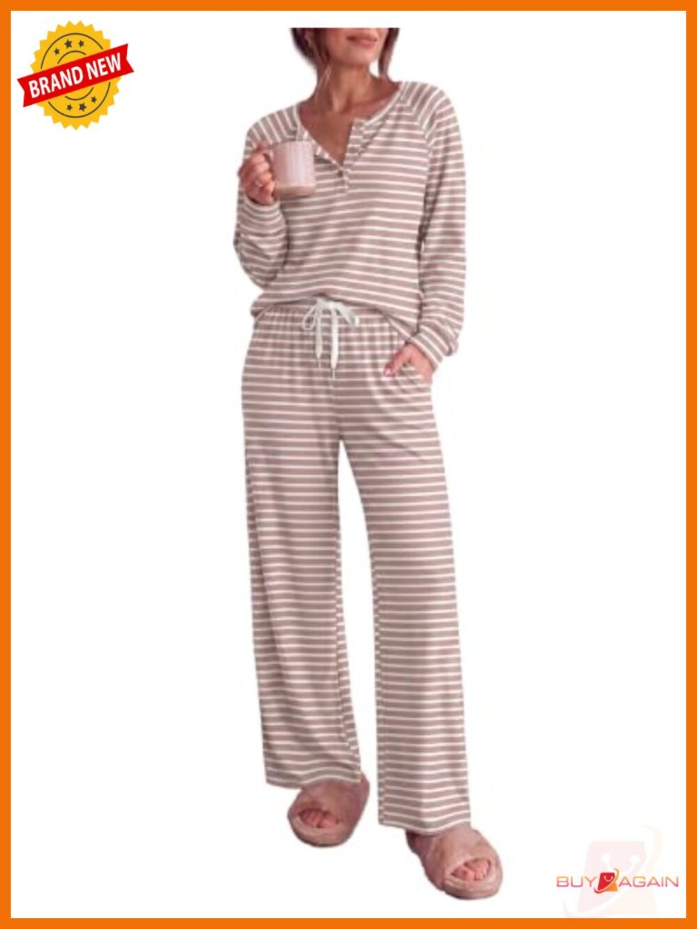Women's 2-Piece Lounge Set Pajamas Long Sleeve Henley Top Wide Leg Pants Soft